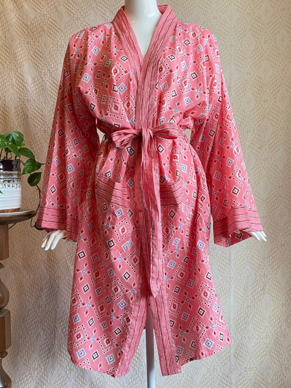 Ethically Made Pink Geometric Print Light Cotton Summer Robe NWOT